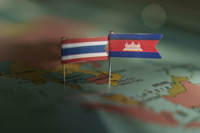 Pins,Of,Thai,And,Cambodian,Flags,Marking,The,Border,On